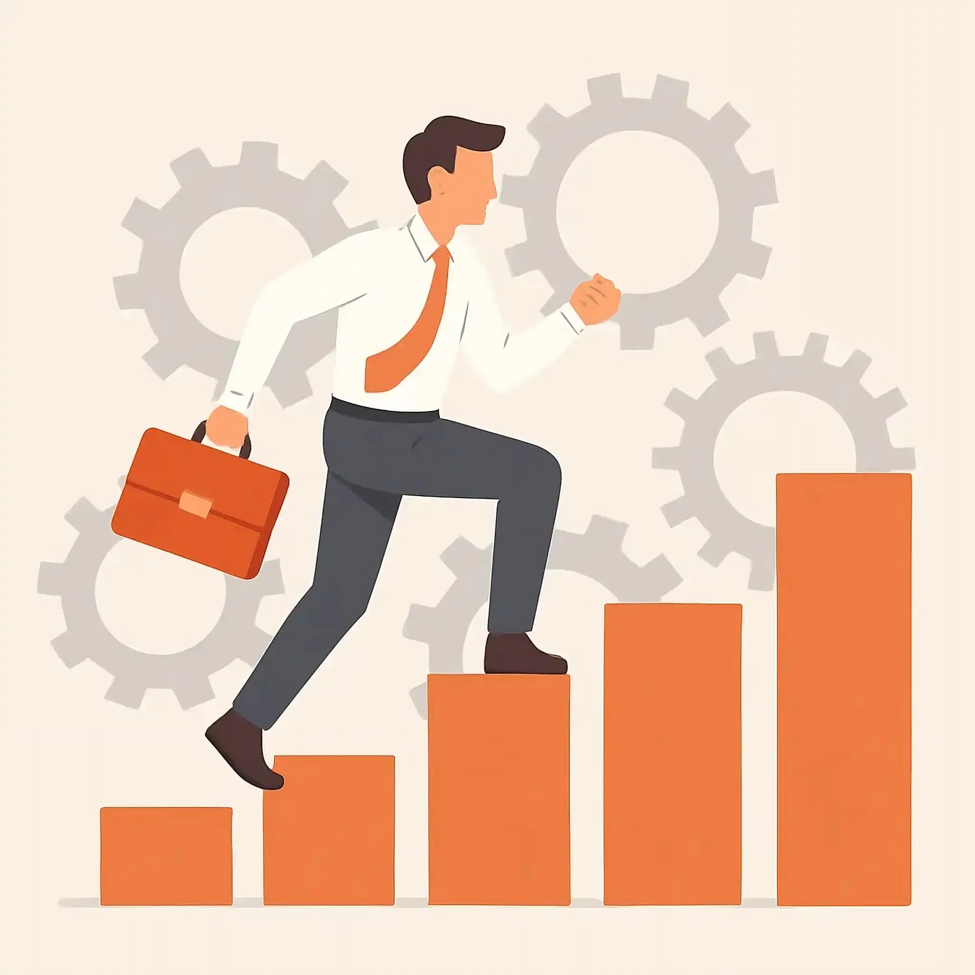 Businessman in a suit carrying a briefcase ascends a series of rising bar graphs, symbolizing career Development.