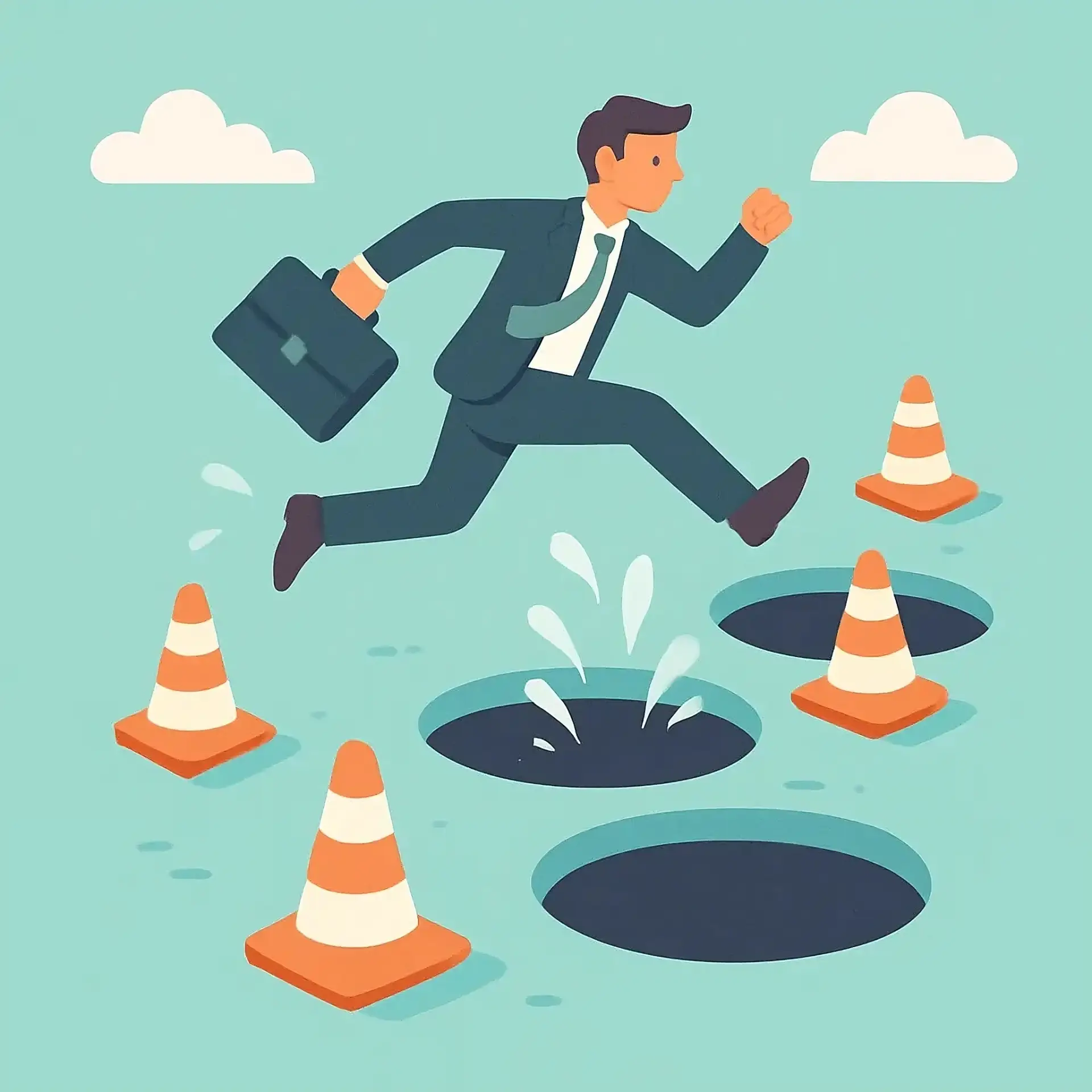 Businessperson jumping over multiple holes in the ground, symbolizing right strategy is key for job search.