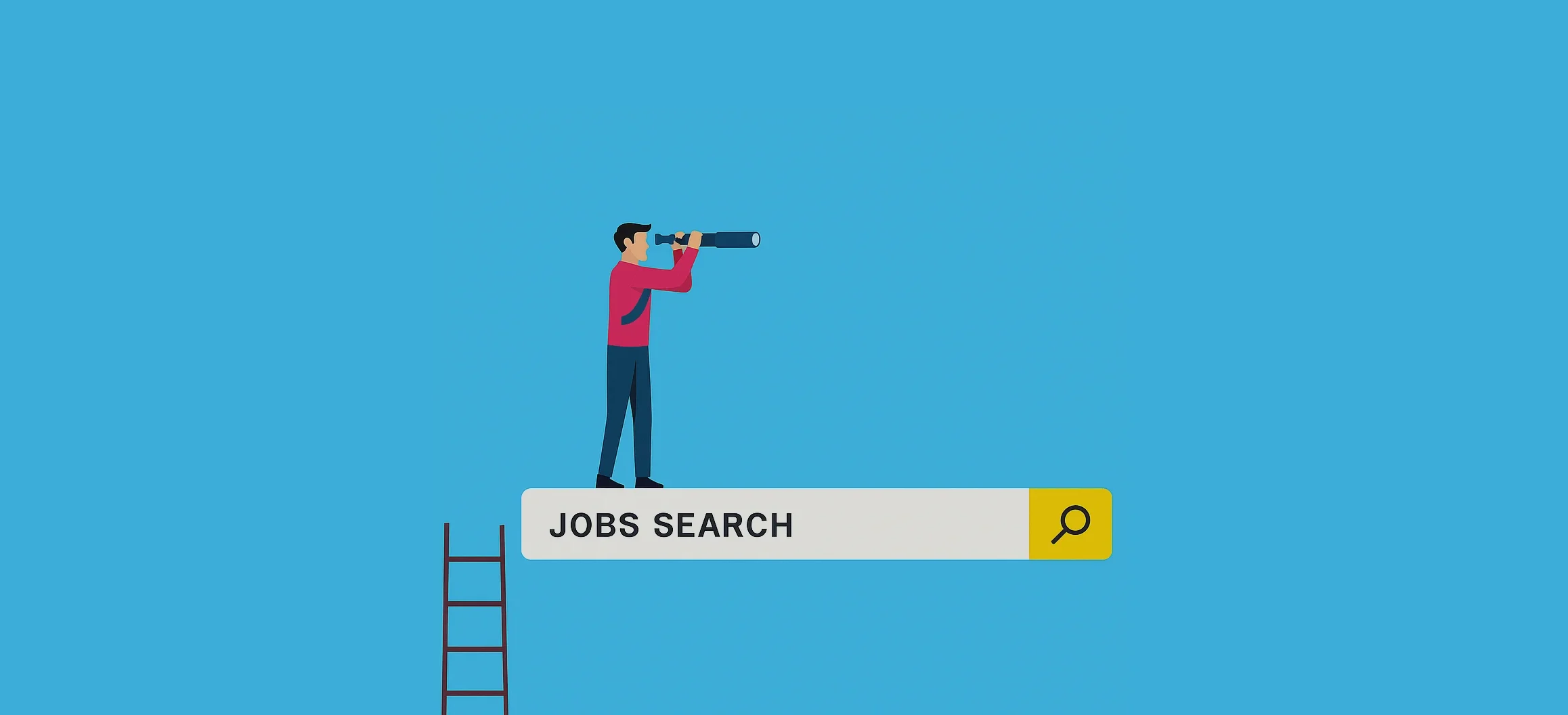 Person using a telescope to look for jobs on a "JOBS SEARCH" bar above a ladder.